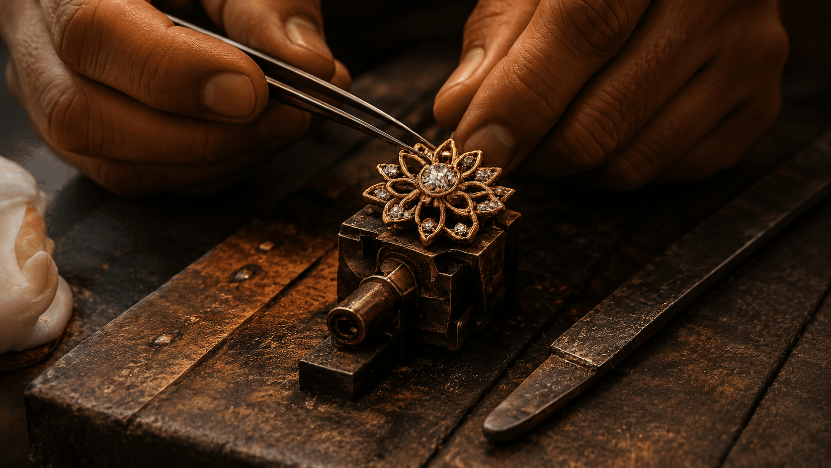 Artisan setting a diamond into a gold ring