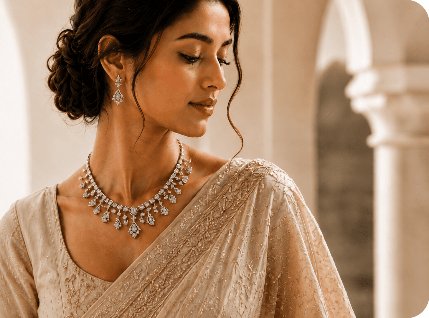 Model wearing a diamond bridal necklace and earrings set